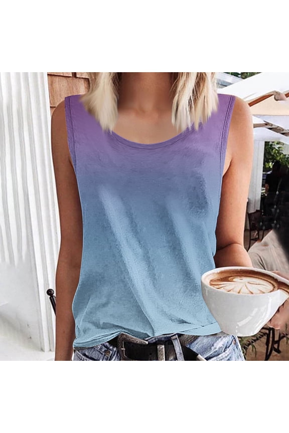 Women's Ombre Round Neck Tank Top, Basic Casual Sleeveless Shirt,, Soft Stretchy Summer Top, Breathable Loose Fit Casual Blouse, Fade Resistant Fabric