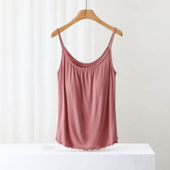 Pejock Women's Pleated Built-in Bra Camisole, Flowy Loose Fit Spaghetti Strap Top, No Roll Waist Casual Tank, Ruffle Hem Summer Blouse