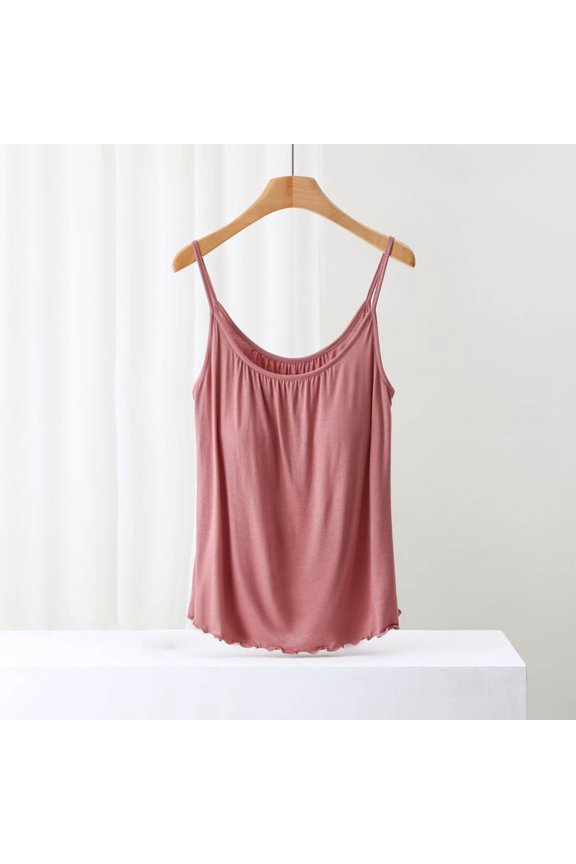 Women's Pleated Built-in Bra Camisole, Flowy Loose Fit Spaghetti Strap Top, No Roll Waist Casual Tank, Ruffle Hem Summer Blouse