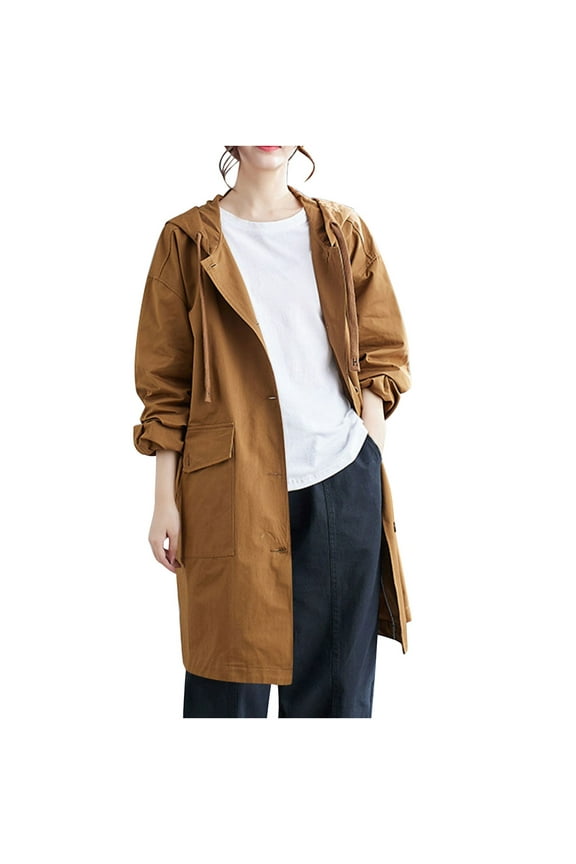 Women's Plus Size Trench Coat, Military Style Long Jacket with Hood, Windproof Raincoat Outdoor, Casual Fall Winter Vintage Outerwear for Daily Use