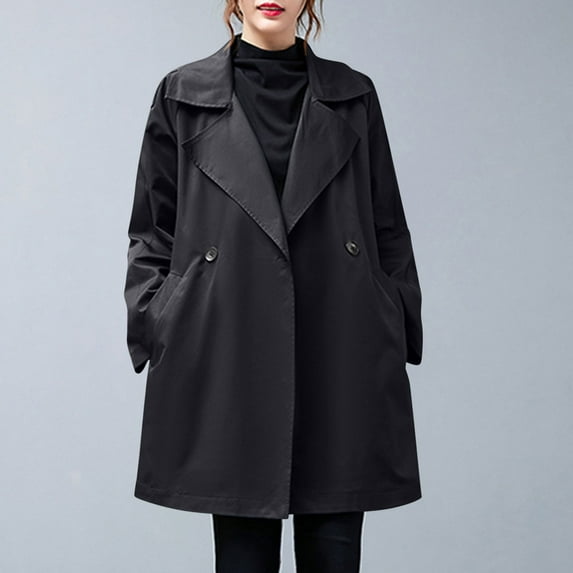 Pejock Women's Plus Size Trench Coat, Vintage Military Hooded Windbreaker, Long Sleeve Casual Outerwear Jacket for Fall and Winter, Nylon Spandex Blend