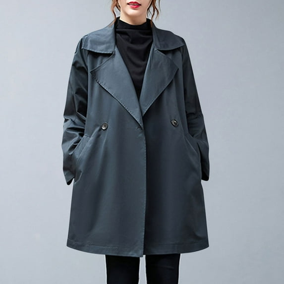 Pejock Women's Plus Size Trench Coat, Vintage Military Hooded Windbreaker, Long Sleeve Casual Outerwear Jacket for Fall and Winter, Nylon Spandex Blend