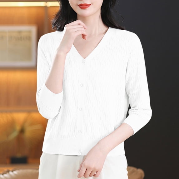Pejock Women's Short Solid Cardigan, Casual Button Up Knit Sweater with Three Quarters Sleeve, Lightweight Open Front Coat for Spring and Summer