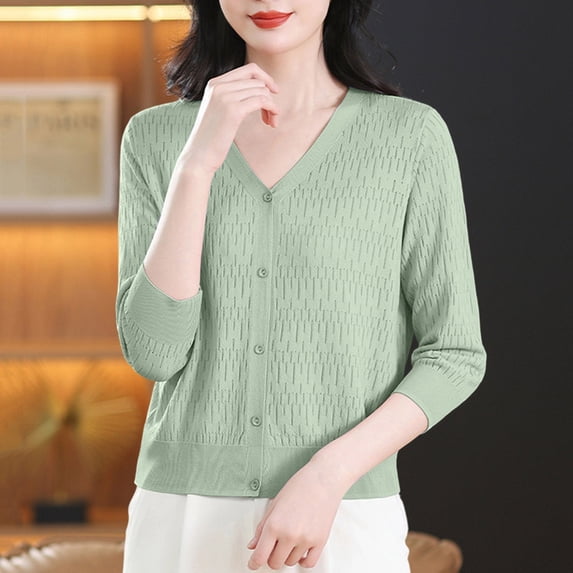 Pejock Women's Short Solid Cardigan, Casual Button Up Knit Sweater with Three Quarters Sleeve, Lightweight Open Front Coat for Spring and Summer