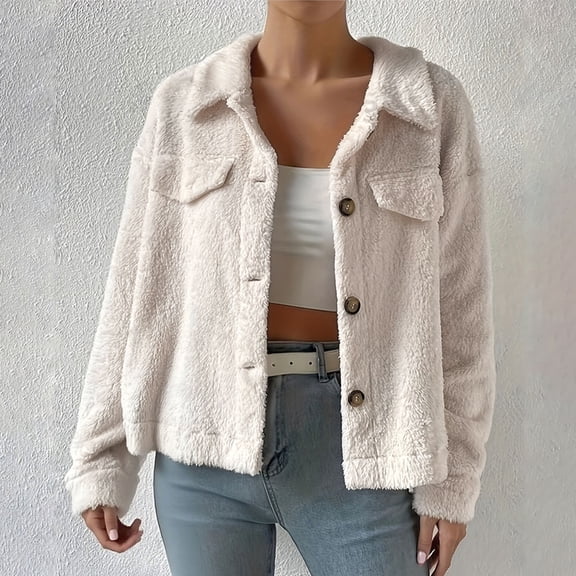 Pejock Women's Short Wool Blend Coat, Casual Winter Jacket with Lapel Collar, Versatile Plush Outerwear for Daily Wear