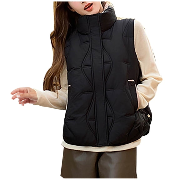 Pejock Women's Sleeveless Puffer Vest, Casual Color Block Quilted Stand Collar Jacket with Pockets, Lightweight Streetwear Outerwear for Daily Use