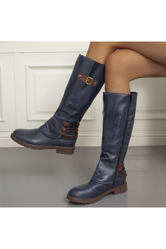 Women's Snow Boots Women's Knee-High Long Boots Retro Western Cowboy Round Toe Slip-on Booties Velvet Cotton Keep Warm Chunky Low Heel Knight Boots Riding Walking Winter Boots