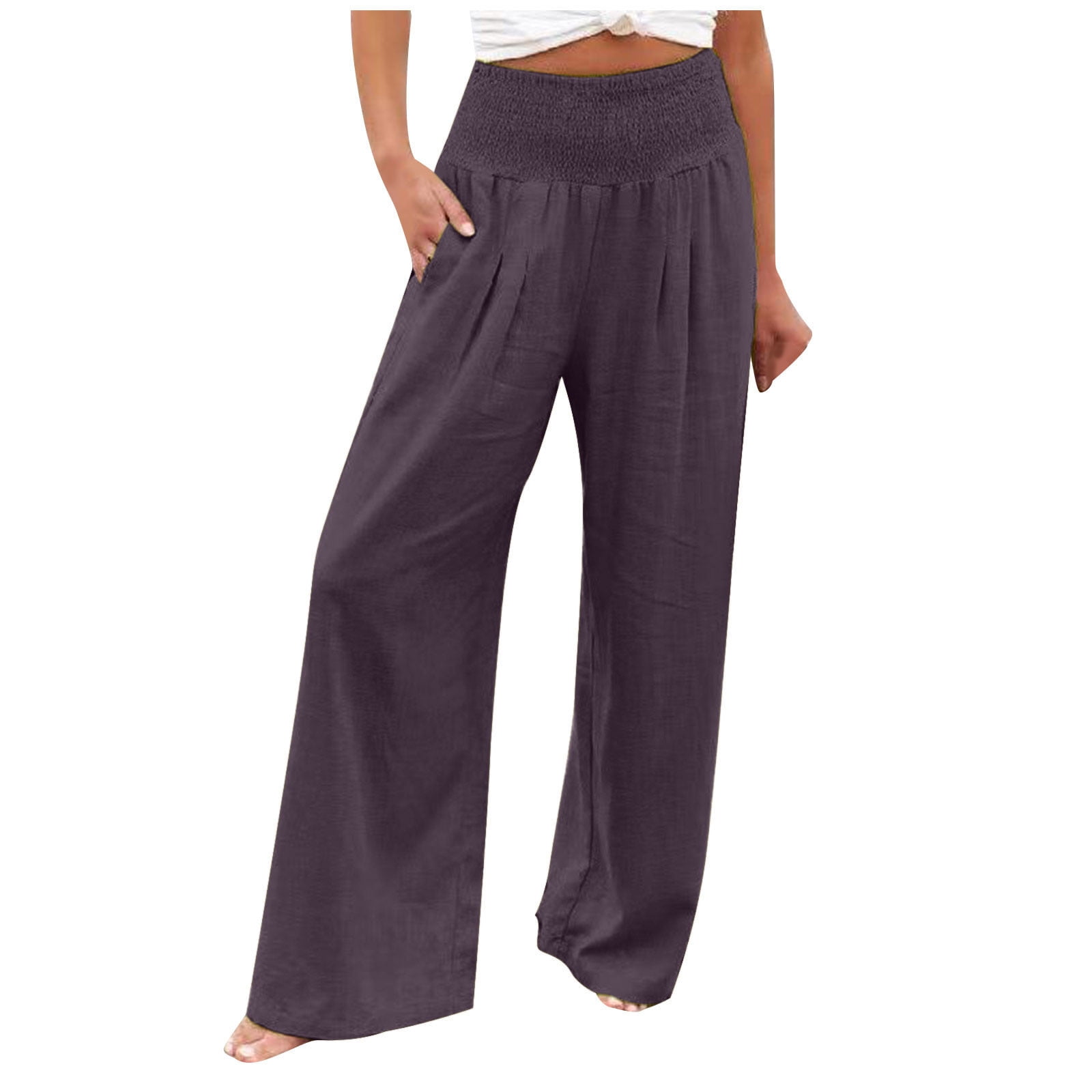 Pejock Women's Stretchy Wide Leg Pants Summer High Waisted Cotton Linen  Palazzo Pants Wide Leg Long Lounge Pant Trousers with Pocket Light Gray XXL