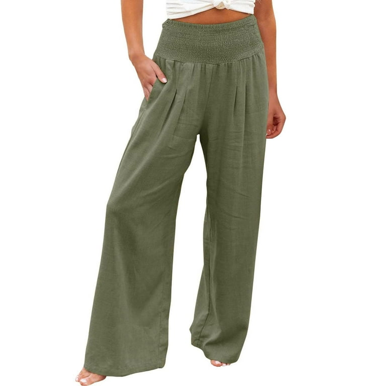 Pejock Women's Stretchy Wide Leg Pants Summer High Waisted Cotton Linen  Palazzo Pants Wide Leg Long Lounge Pant Trousers with Pocket Light Green M  (US