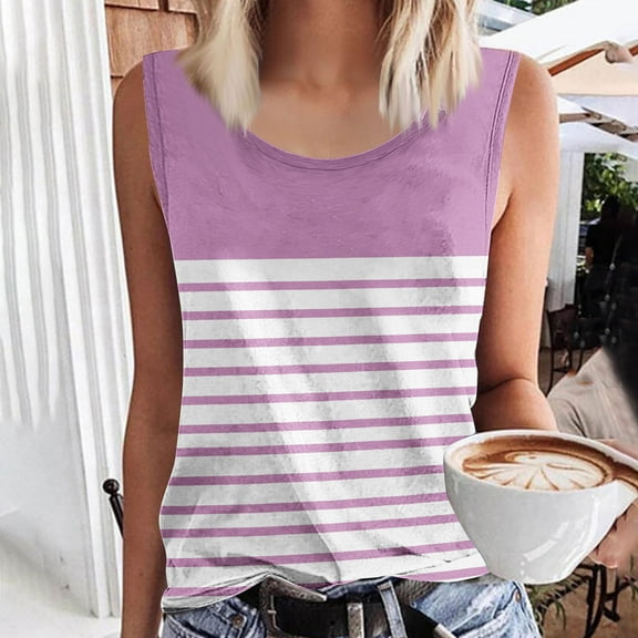 Pejock Women's Striped Sleeveless Tank Top, Crew Neck Summer Shirt, Basic Casual Loose Blouse, Soft Breathable Stretch Fabric, Lightweight Comfortable Top