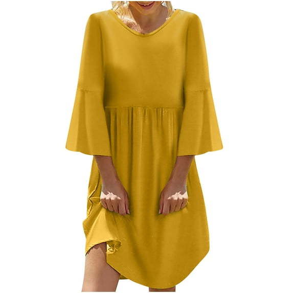 Pejock Women's Summer 3/4 Sleeve Crew Neck T Shirt Dress Cotton Linen Dress Casual Loose Swing Dress Yellow XL (US Size:10)