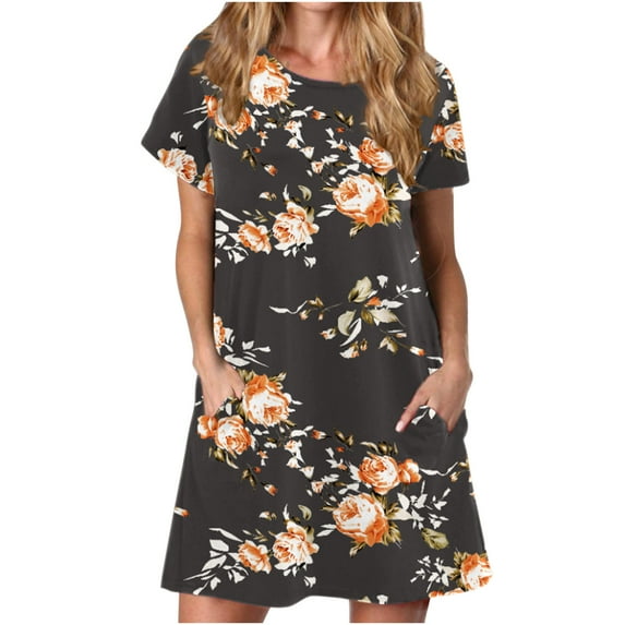 Pejock Women's Summer Casual Tshirt Dresses O Neck Short Sleeve Loose Dress Sundress with Pockets Dark Gray XL (US Size: 10)