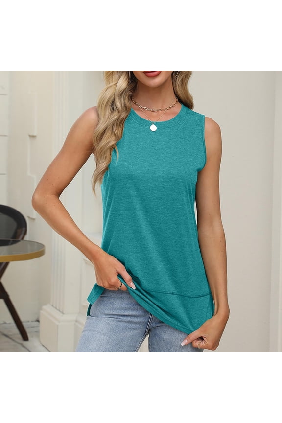 Women's Trendy Loose Fit Tank Top, Flowy Crewneck Sleeveless Top, Side Split Summer Outfit, Breathable Casual Wear