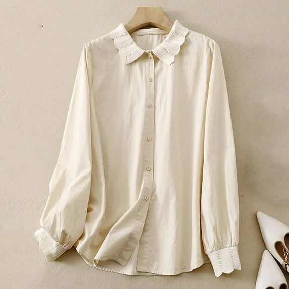 Pejock Women's Vintage Casual Long Sleeve Shirt, Button Down Blouse with Turn Down Collar, Soft Comfortable Fall Winter Tops for Women
