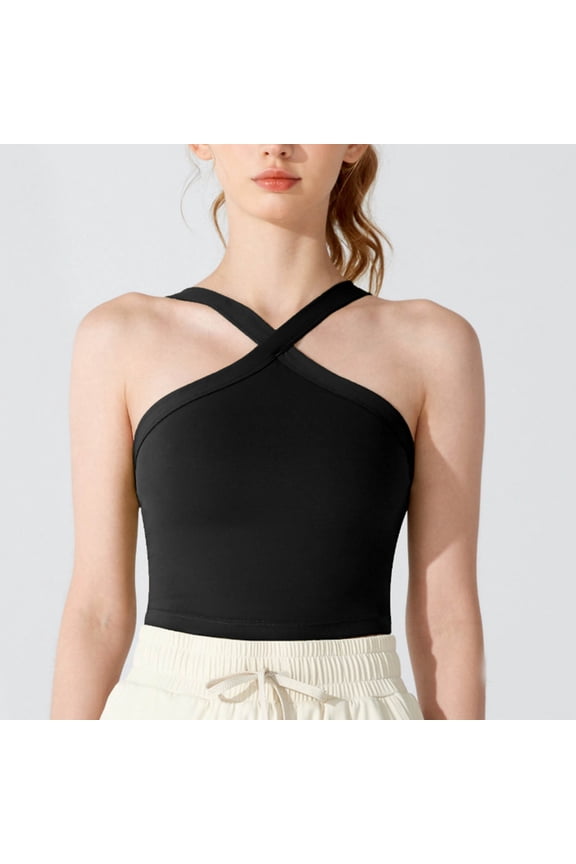 Women's Workout Tank Top with Built in Bra, Summer Halter Crop Camisole, Backless Going Out Top, V Neck Sleeveless Sports Shirt