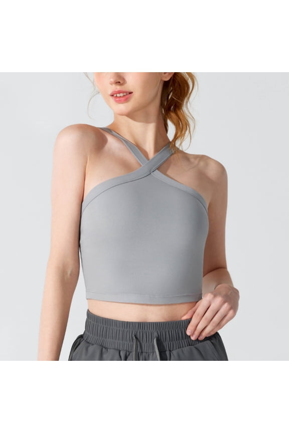 Women's Workout Tank Top with Built in Bra, Summer Halter Crop Camisole, Backless Going Out Top, V Neck Sleeveless Sports Shirt