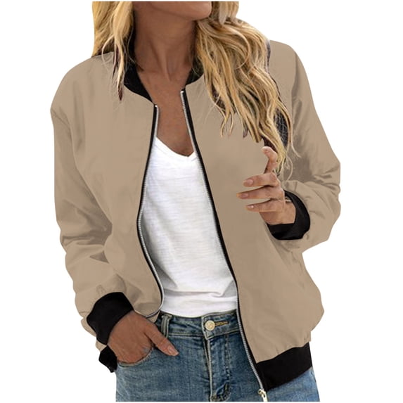 Pejock Women's Zip up Hoodless Sweatshirt Jacket Lightweight Casual Inspired Bomber Jacket Soild Print Outwear Running Sweatshirt with Pockets Oversized Zipper Hoodless Jacket Coats