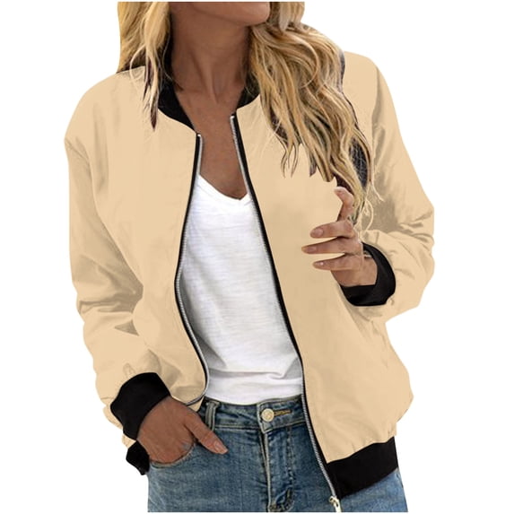 Pejock Women's Zip up Hoodless Sweatshirt Jacket Lightweight Casual Inspired Bomber Jacket Soild Print Outwear Running Sweatshirt with Pockets Oversized Zipper Hoodless Jacket Coats