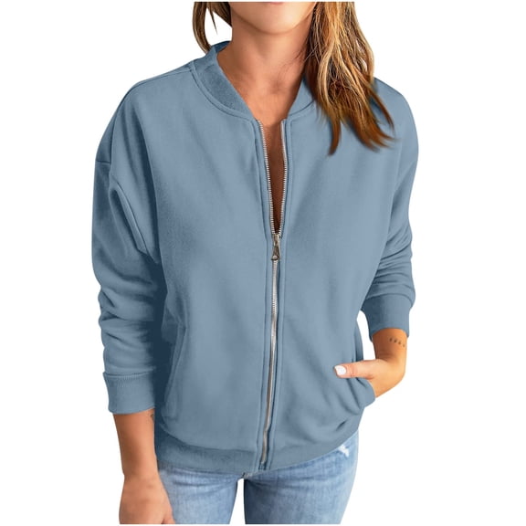 Pejock Women's Zip up Hoodless Sweatshirt Jacket Lightweight Casual Inspired Bomber Jacket Soild Print Outwear Running Sweatshirt with Pockets Oversized Zipper Hoodless Jacket Coats