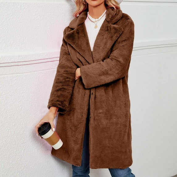 Pejock Womens Ladies Warm Faux Furry Long Coat Jacket Winter Solid Turn Down Collar Outerwear