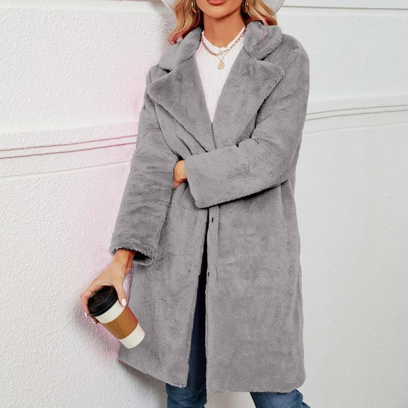 Pejock Womens Ladies Warm Faux Furry Long Coat Jacket Winter Solid Turn Down Collar Outerwear