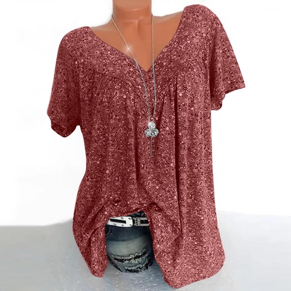 Pejock Womens Plus Size Loose Boho Tunic Tops Summer Casual Floral Shirts Short Sleeve V Neck Pleated Tees Blouses Shirts Tops Wine M (US Size:6)
