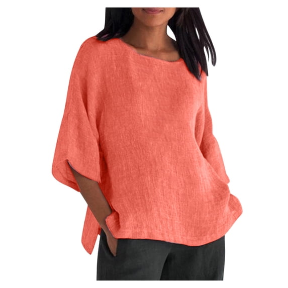 Pejock Womens Plus Size Tops 3/4 Sleeve O Neck Casual Loose Cotton Linen Basic Plain T-Shirts Spring Summer Womens Basic Tunic Tops Pullover Blouses Tees Shirts Pink XXL (US Size:12)