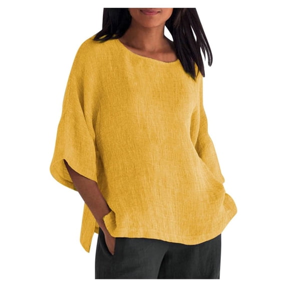 Pejock Womens Plus Size Tops 3/4 Sleeve O Neck Casual Loose Cotton Linen Basic Plain T-Shirts Spring Summer Womens Basic Tunic Tops Pullover Blouses Tees Shirts Yellow S (US Size:4)