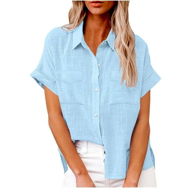 Pejock Fashion Savings Deals! Womens Plus Size Tops Cotton Linen V Neck Roll up Sleeve Button Down Blouses Tops