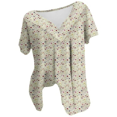 Pejock Fashion Savings Deals! Womens Plus Size Tops Fashion Casual Floral V-Neck Short Sleeve Ruched Tunic Blouse Tee Summer T-Shirt