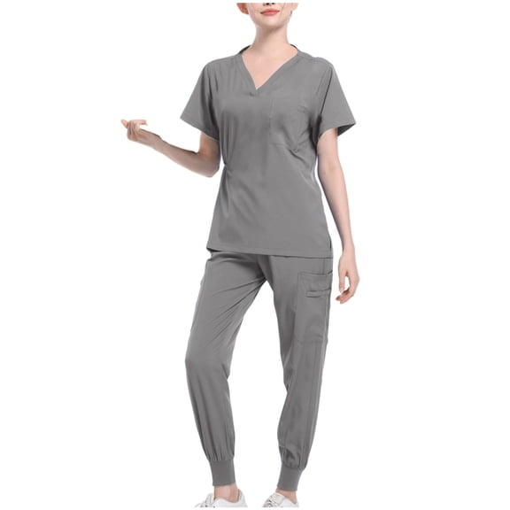 Pejock Womens Scrubs Medical Uniform Set Casual Scrub Suit Set Solid Nursing Uniforms Set Stretch V-Neck Scrubs Top and Jogger Pants with Pockets