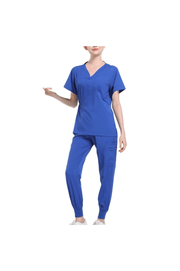 Womens Scrubs Medical Uniform Set Casual Scrub Suit Set Solid Nursing Uniforms Set Stretch V-Neck Scrubs Top and Jogger Pants with Pockets