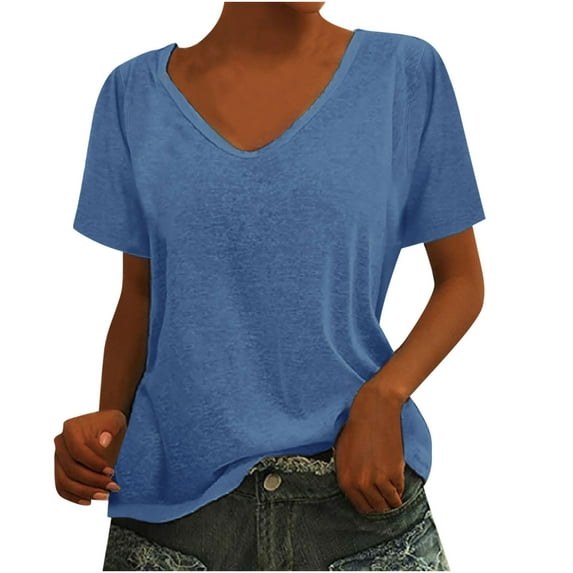 Pejock Womens Short Sleeve Big U-Neck Tops Loose Fit Shirts Summer Casual Solid Color T-Shirt Blouse Blue XL (US Size:10)