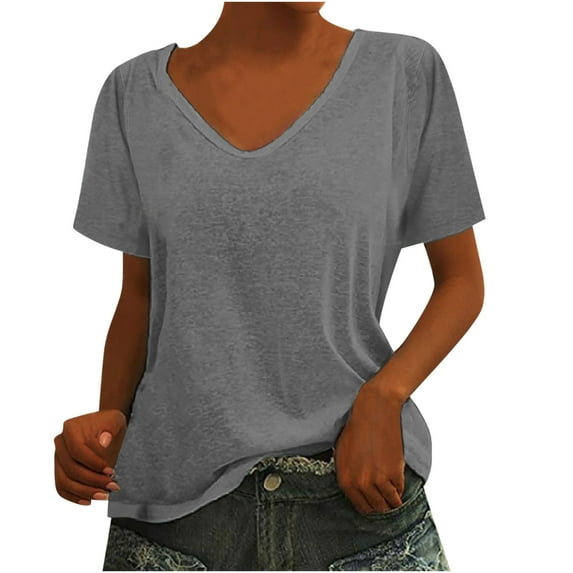 Pejock Womens Short Sleeve Big U-Neck Tops Loose Fit Shirts Summer Casual Solid Color T-Shirt Blouse Gray L (US Size:8)