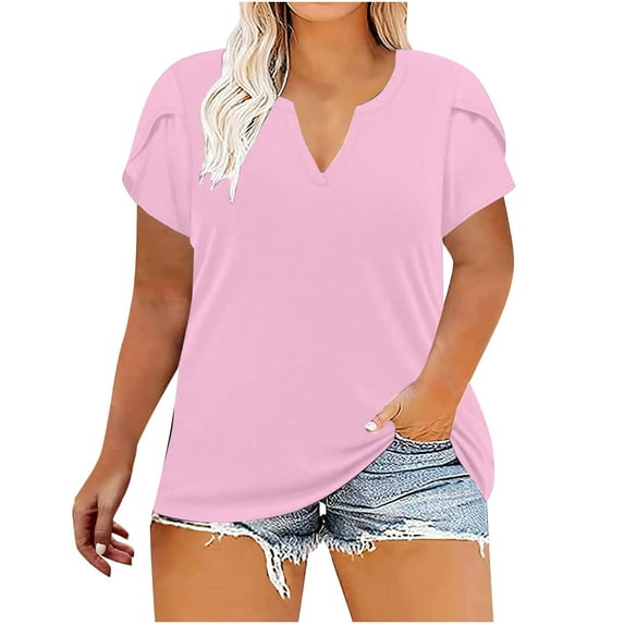 Pejock Womens Short Sleeve Casual T-Shirts V Neck Tops Tee Loose Comfy Tunic Blouse Lightweight Plus Size Tops Pink 3XL (US Size:14)