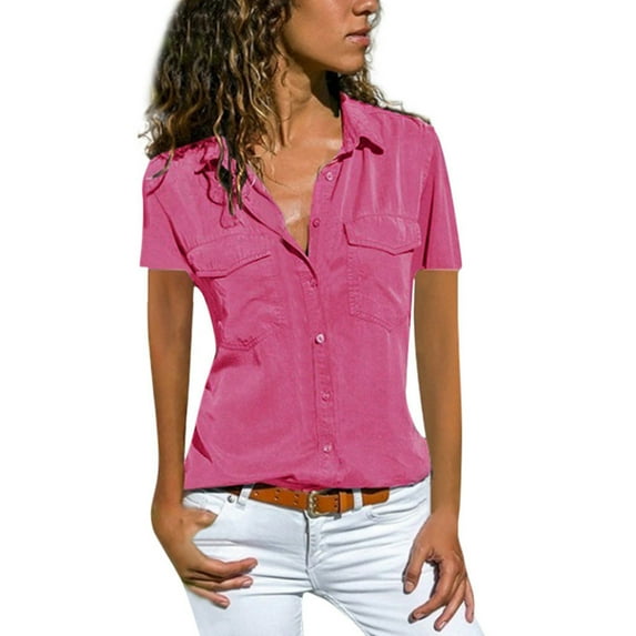 Pejock Womens Short Sleeve Shirts Turn Down Collar Button Down Shirt Tops with Pockets Hot Pink S (US Size:4)