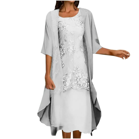 Pejock Work Party Formal Dress for Women 2023 Casual V-Neck Sleeveless Dress Solid Long Sleeve Coat Two-Piece Set Gray XL (US Size:10)