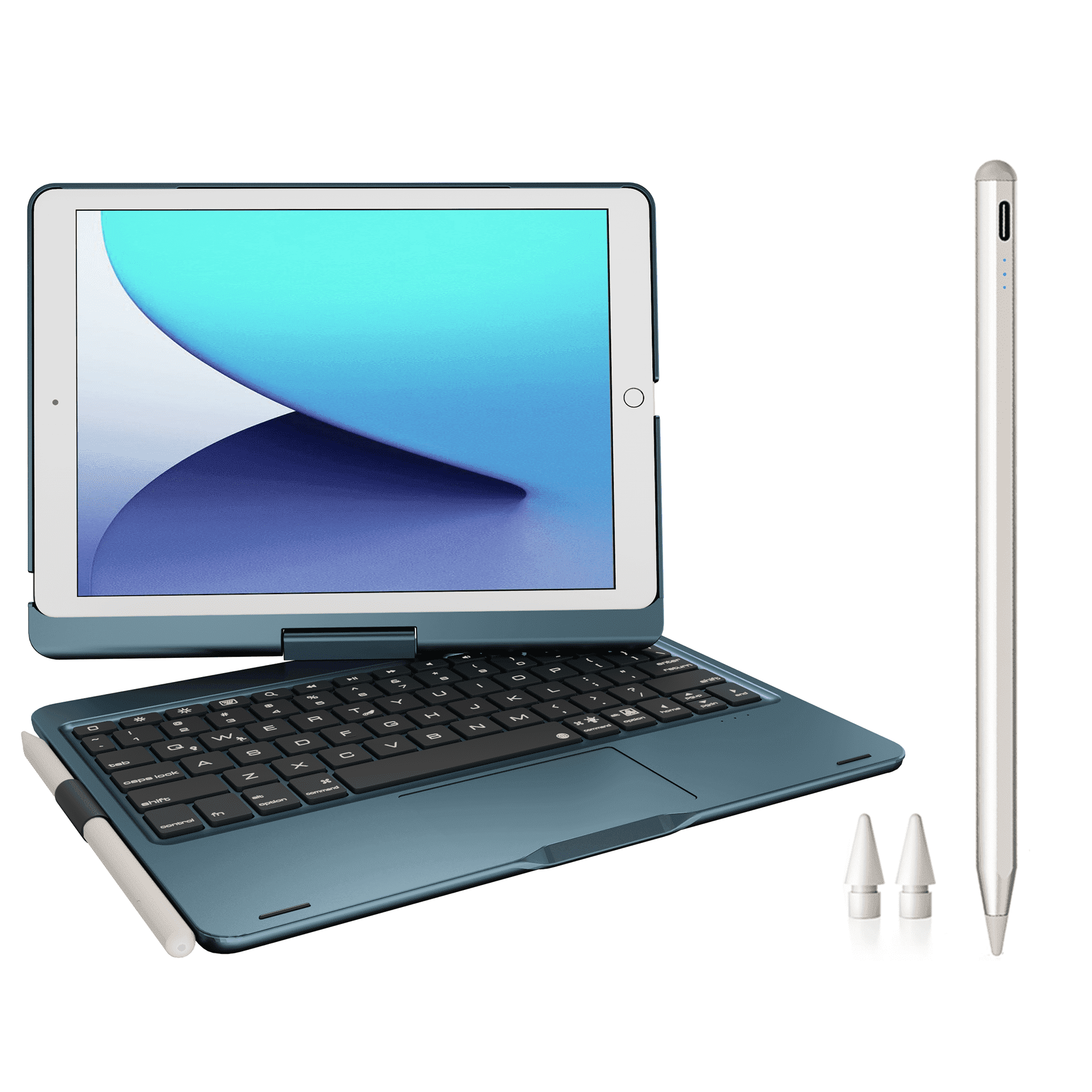 Pekarejue Wireless Keyboard Case with Trackpad + Stylus Pen Compatible with Apple iPad 9th 8th 7th Gen 10.2-inch, iPad Air 3rd Generation, Navy Blue