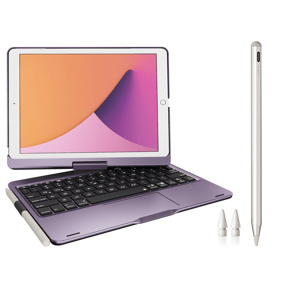 Pekarejue Wireless Keyboard Case with Trackpad + Stylus Pen Compatible with Apple iPad (9-7th) Gen 10.2-inch, iPad Air 3rd Generation, Purple