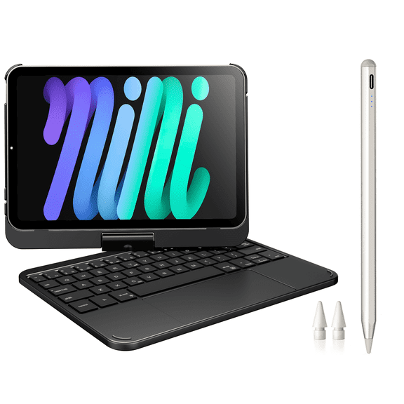 Pekarejue Wireless Keyboard Case with Trackpad + Stylus Pen Compatible with Apple iPad Mini 7th (A17 Pro) & 6th Gen, Black