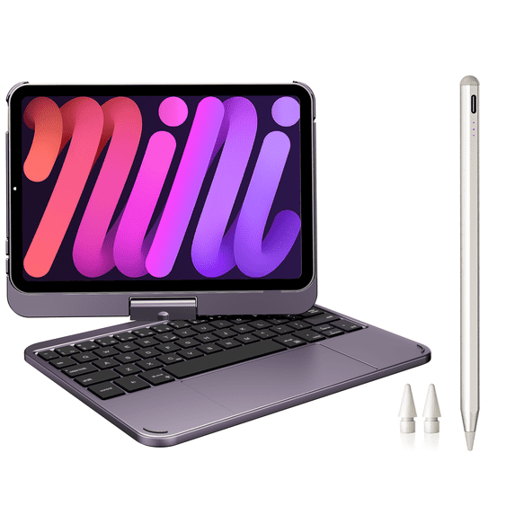 Pekarejue Wireless Keyboard Case with Trackpad + Stylus Pen Compatible with Apple iPad Mini 7th (A17 Pro) & 6th Gen, Purple