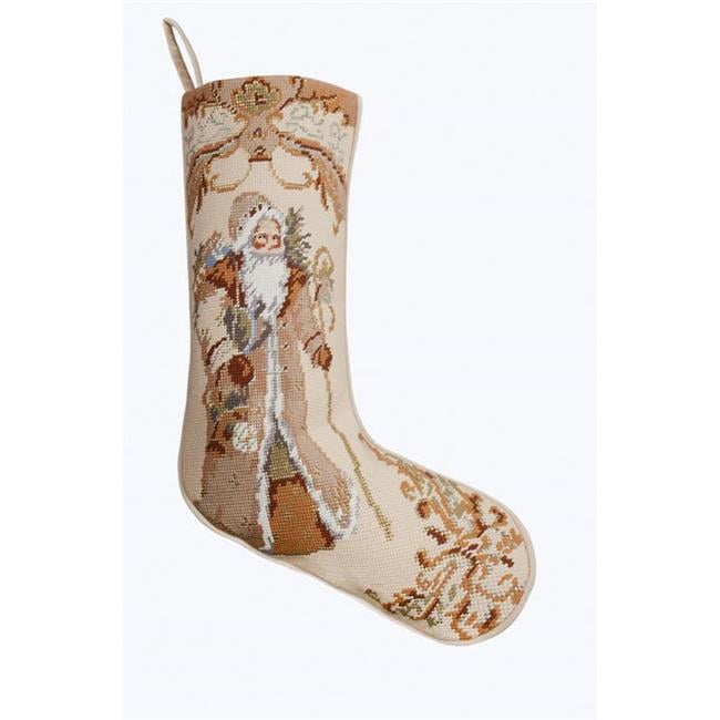 Beige and Brown Embroidered Needlepoint Santa Stocking, 11 x 18 inches
