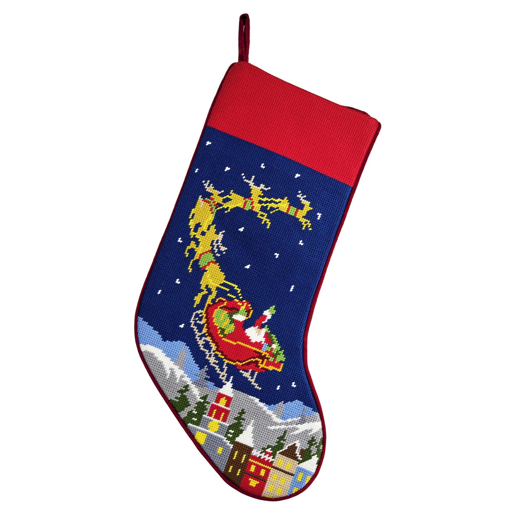 Santa and Reindeer Embroidered Christmas Stocking with Velveteen Backing