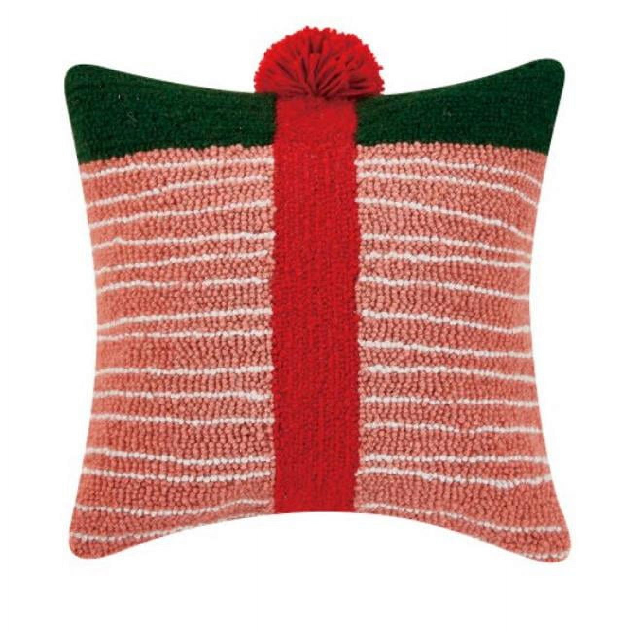 14" Square Pink and Green Wool Throw Pillow with Pom Pom