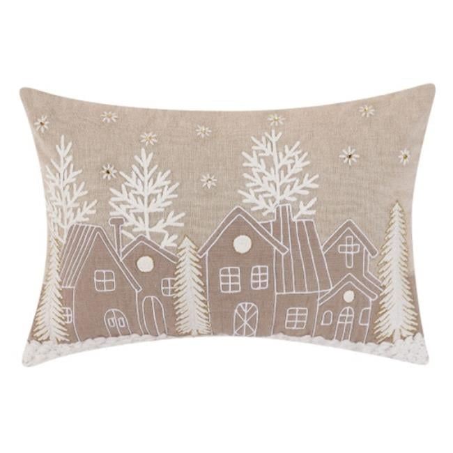 Snowy Christmas Village Embroidered Cotton Throw Pillow