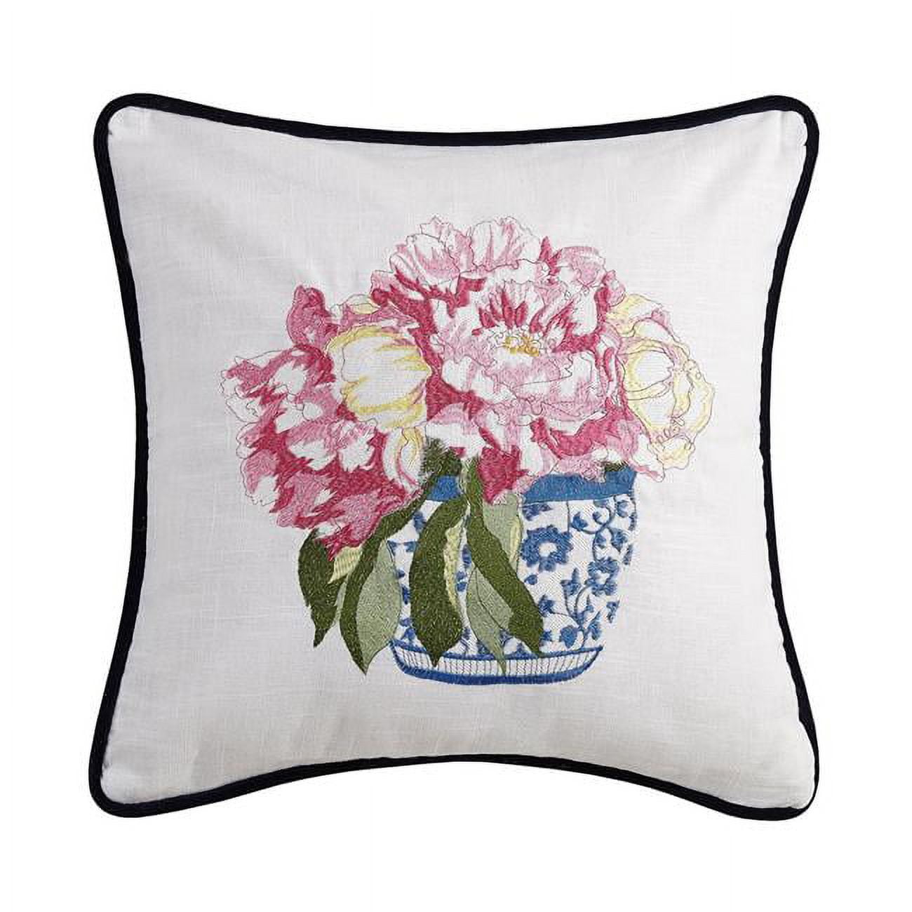 Pretty in Pink Flower Embroidered Square Pillow, 16" Ramie & Cotton