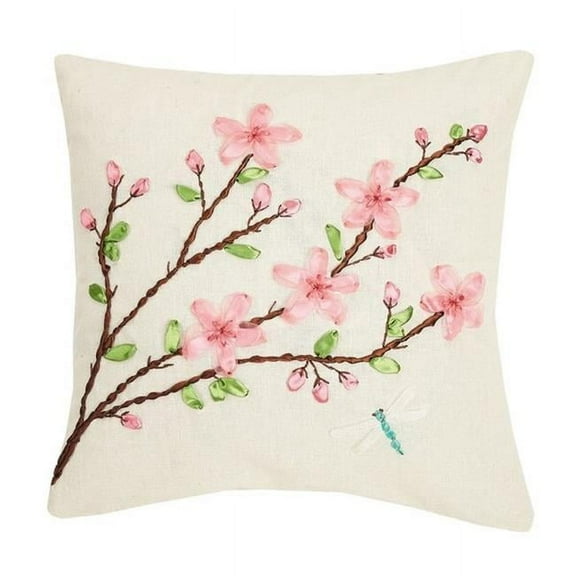 Peking Handicraft 24JES849C16SQ Cheery Blossom Ribbon Embroidered Pillow