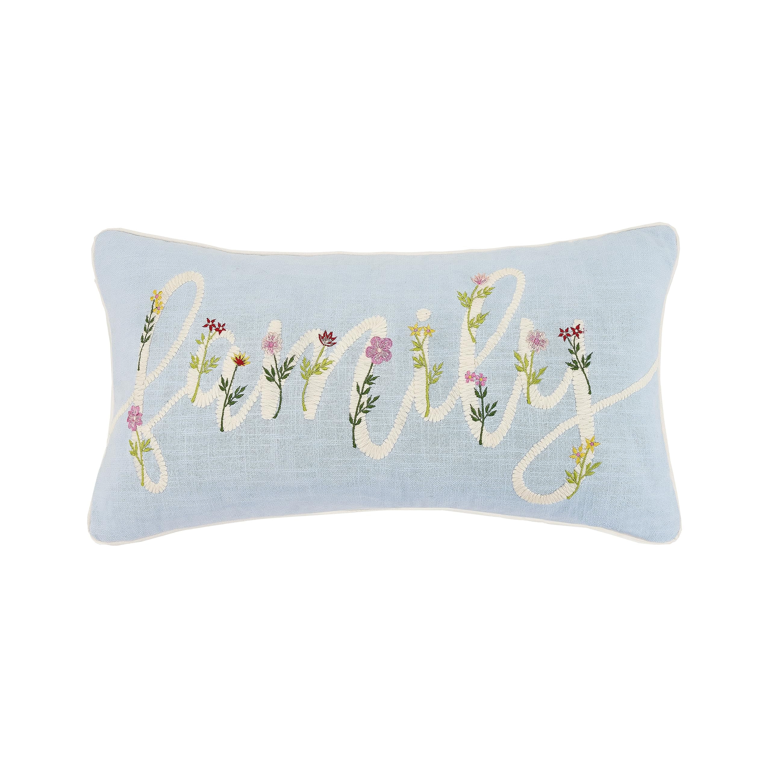 Light Blue Cotton Embroidered Throw Pillow with Floral Design