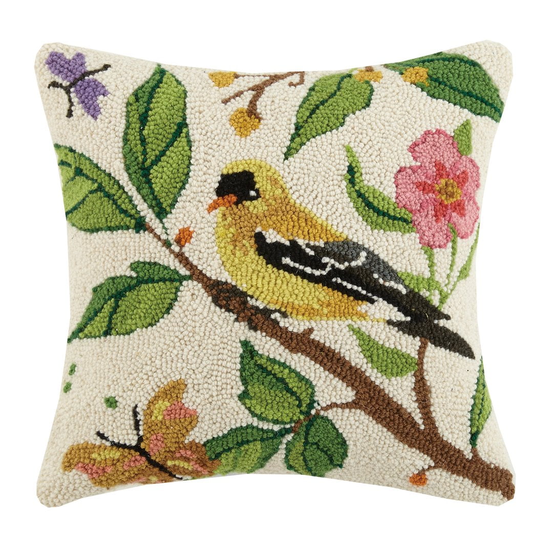 Goldfinch Bird Hooked Wool and Cotton Throw Pillow