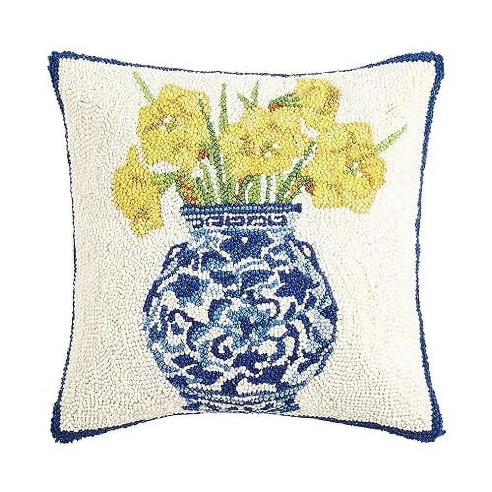 Blue and Yellow Floral Hook Pillow with Wool and Cotton